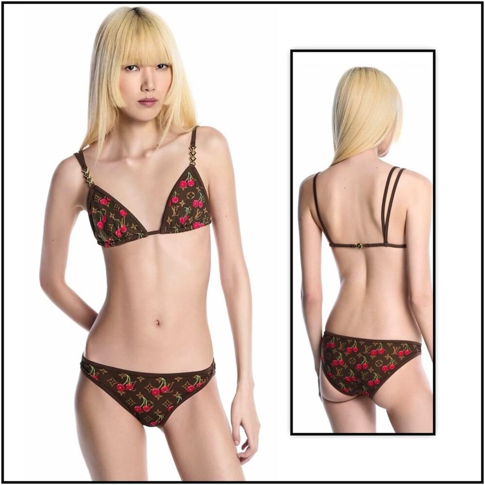 3 Piece Brown Logo Cherry Monogram Bikini SZ XL